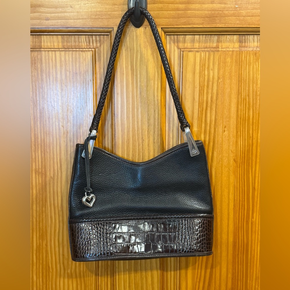 Brighton Gina Black Pebble Leather Handbag Brown Embossed Croc Trim Braided Y2K